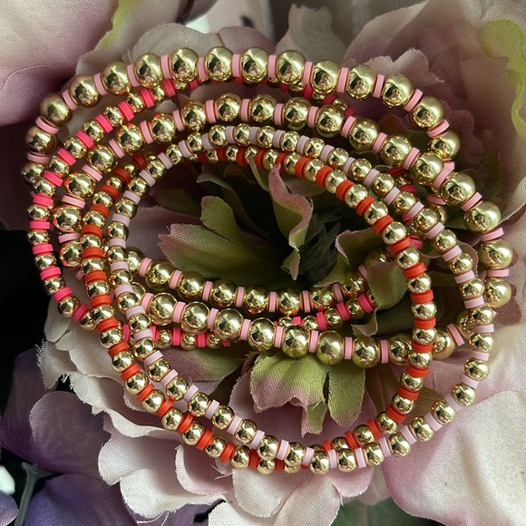 Gold Beaded Stackable Stretch Bracelets Set -  14K Gold Beads - Picture 8 of 16